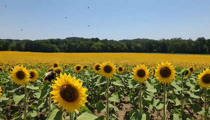 Obraz premium Vast Sunflower Field in Full Bloom under a Sunny Blue Sky, Nature Scenery