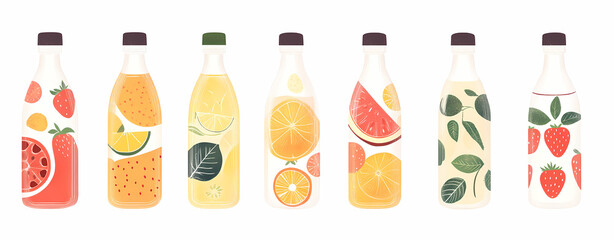 Juice Selection: A vibrant collection of assorted fruit juice bottles, each adorned with images of their fresh ingredients. The bottles offer a refreshing display.