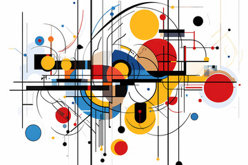 Obraz premium Abstract Geometric Composition: A vibrant, dynamic composition featuring circles, lines, and arcs in a harmonious blend of colors and shapes.