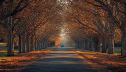 Fototapeta premium autumnal avenue a car navigates the tree lined road under a canopy of changing leaves