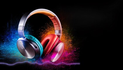 Fototapeta premium A vibrant pair of headphones against a dark background, radiating colorful splashes, symbolizing music and creativity.