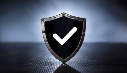 A metallic shield with a check mark symbol, representing security, approval, and trustworthiness against a dark, moody background.
