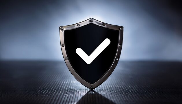 A metallic shield with a check mark symbol, representing security, approval, and trustworthiness against a dark, moody background.