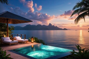 Fototapeta premium Serene Coastal Retreat Enriching Soul with Stunning Sea Sunset Atmosphere