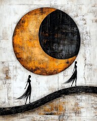 Fototapeta premium Enigmatic Silhouettes Walking Under a Half-Moon in Rich Orange and Black Tones Against a Textured Canvas Background