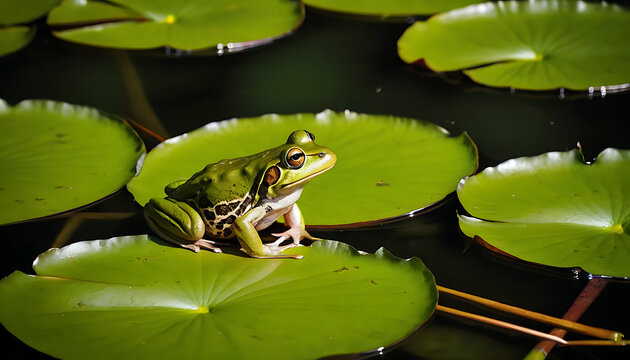 Vibrant green frog on lily pad in serene pond, contemplating the surroundings