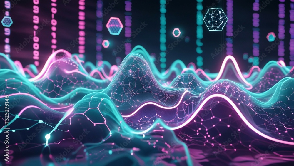 Leinwandbilder A high-tech AI-inspired background with glowing neon waves representing an artificial intelligence neural network.