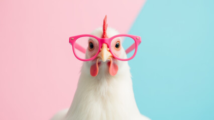 Chicken Wearing Pink Glasses Against Colorful Background with Blue and Pink Split Design for Quirky Animal Humor