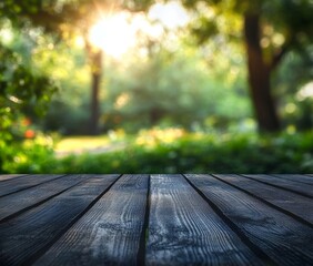 Sunlit Forest Background with Wooden Deck for Nature and Outdoor Photography