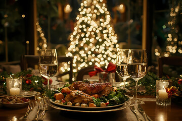 Fototapeta premium Festive Feast: A captivating, inviting, and cozy atmosphere, capturing the heartwarming essence of a traditional holiday dinner set against a beautifully lit Christmas tree in the background.