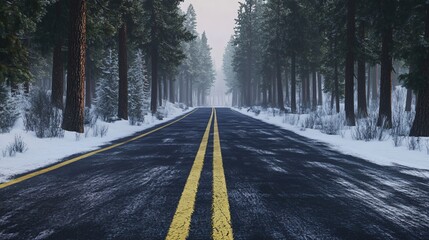 Scenic Winter Landscape: Serene Empty Road Among Snowy Forest Trees