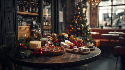 Festive Feast: A captivating still life of a meticulously arranged food platter on a wooden table with christmas tree in a restaurant