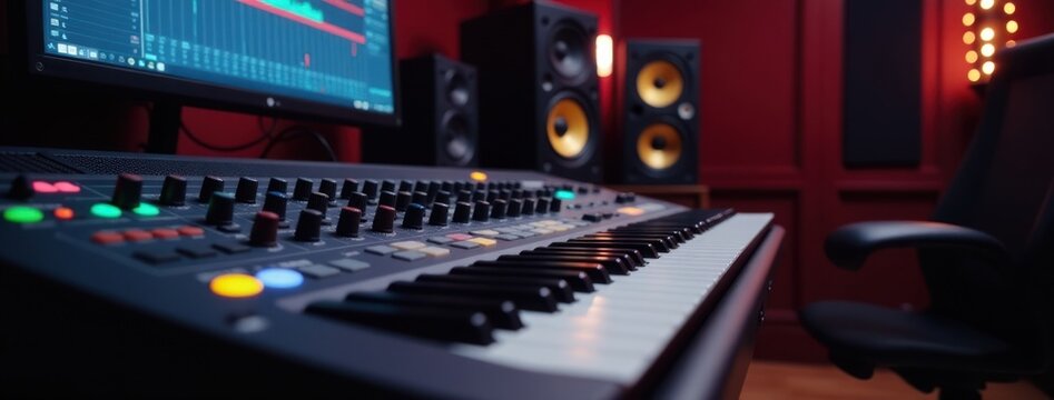 Music Studio Keyboard and Audio Equipment Setup. Perfect for websites for music producers, audio engineering blogs, music school promotional materials, articles about music production