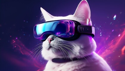 Naklejka premium A futuristic cat wearing stylish VR goggles, set against a vibrant, cosmic background, blending the realms of technology and imagination.