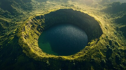 Aerial view of eye-shaped volcano crater with round lake | Geological formation stock photo