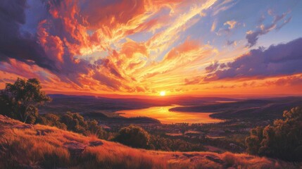Fototapeta premium Vibrant Sunset Landscape Over City and Lake