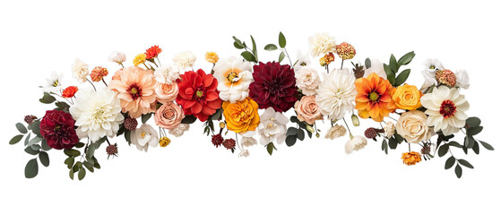 Png of A vibrant floral arrangement featuring a mix of colorful roses, dahlias, and greenery on transparent background.