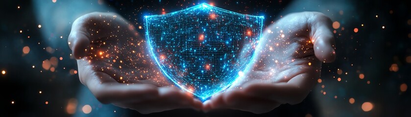 Fototapeta premium Hands holding a digital shield with glowing graphs, symbolizing financial security and business protection, hightech interface, cyber aesthetic, ultradetailed, 8K cinematic render