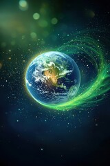 Fototapeta premium Earth Surrounded by Green Particles and Light Effects in Space