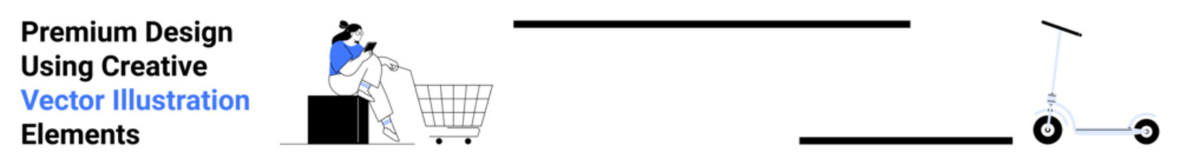 Obraz premium Woman seated with laptop beside a shopping cart, adjacent to an electric scooter. Ideal for e-commerce, online shopping, technology, sustainable mobility, lifestyle concepts, digital interactions