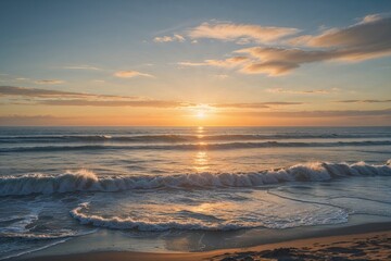 Naklejka premium Stunning Golden Hour Over Ocean with Expansive Skies and Waves