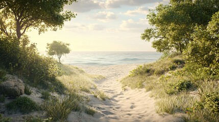 Tranquil Foopath Leading to Idyllic Beach - Detailed Hyper-Realistic Landscape Image