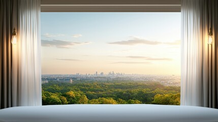 Fototapeta premium Serene Morning View from Modern Hotel Room Overlooking Cityscape