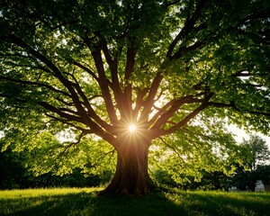 Obraz premium Giant tree in sunlight on a grassy field, nature