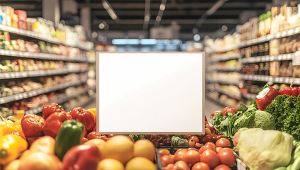 Shopping aisle with blank sign: A vibrant display of fresh produce such as tomato and bell pepper draws the eye, while an empty sign in the heart of the shopping aisle.