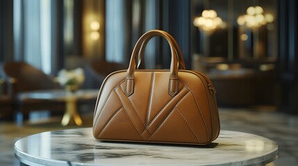 A stylish brown leather handbag rests on a marble table in a luxurious hotel lobby. The setting enhances its elegance. Luxury and expensive items. Elegant Brown Leather Handbag on Marble Luxury Table