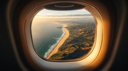 Fototapeta premium View from an airplane window flying over California, featuring the Pacific coastline, golden beaches, and rugged cliffs. Inland, rolling hills and vineyards stretch out