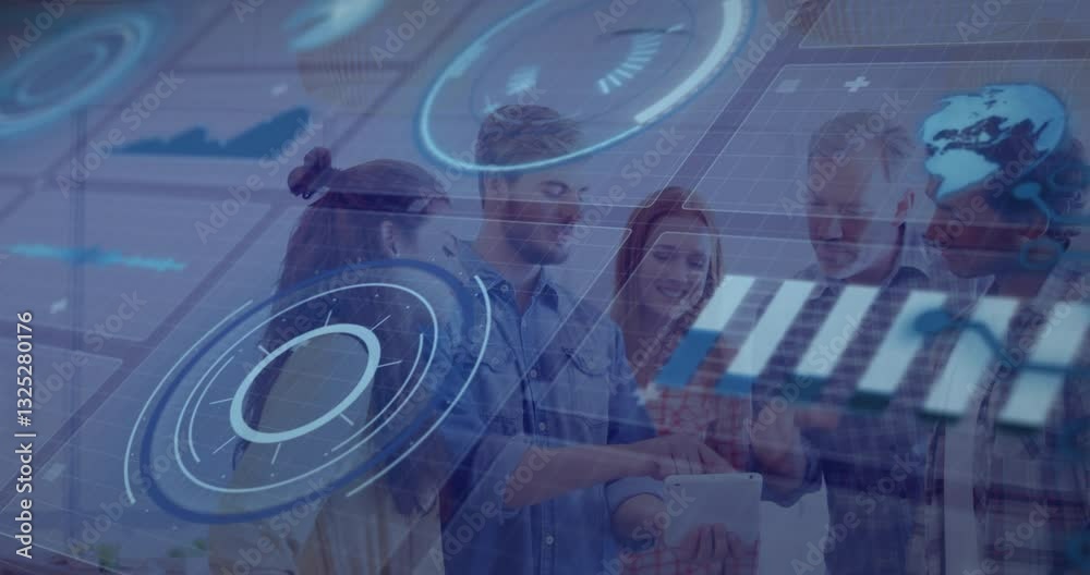 Poster collaborating in school, diverse group using animation with futuristic data graphics