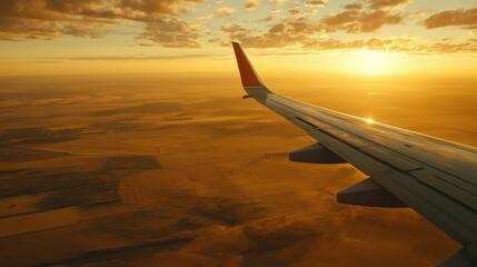 View from an airplane window flying over Kansas, with vast, flat plains stretching to the horizon. Golden wheat fields and small farms dot the landscape under a wide, open sky. 