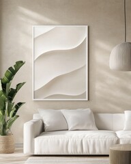 White sofa, beige wall, abstract art print, minimal interior design.