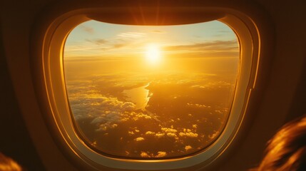Naklejka premium View from an airplane window flying over New Jersey, with the Atlantic coastline, dense forests, and the Delaware River visible below. The golden light of sunset illuminates the scene. 