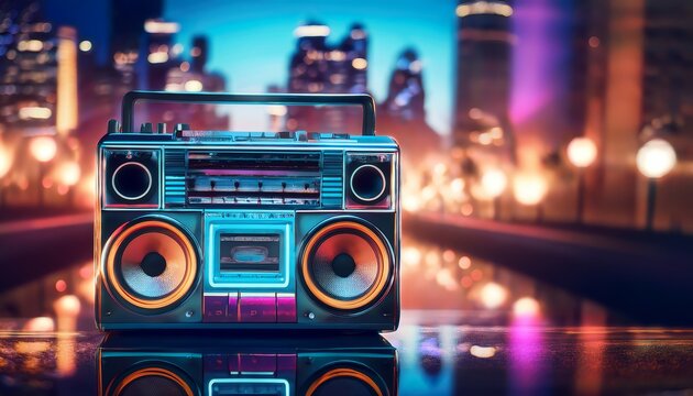 A vibrant retro boombox sits prominently in a cityscape, reflecting colorful lights and evoking a nostalgic musical vibe.