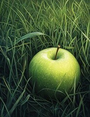 Lush Green Grass Background with Fresh Green Apple on Lawn - High Quality Stock Photo