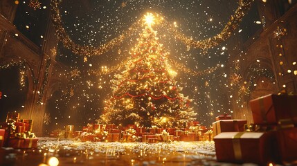 Magical holiday evening with a radiant Christmas tree golden and red garlands spiraling around it snowfall creating a dreamy festive mood and gift boxes scattered at the base