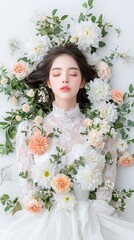 Naklejka premium Elegant Bride Surrounded by Colorful Floral Composition and Nature
