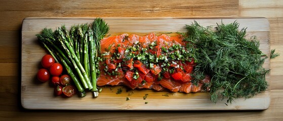 Delicious Gravlax with Fresh Dill and Asparagus on White Plate