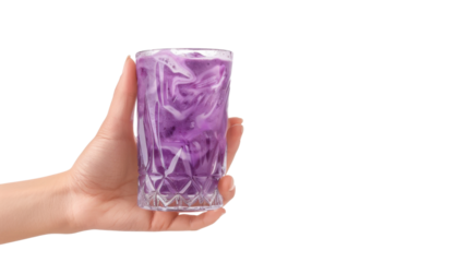 Woman hand holding glass with purple ube latte on transparent background