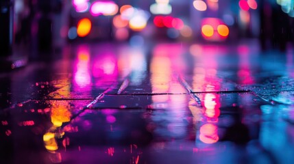 Fototapeta premium Colorful city lights reflected on a wet pavement surface at night