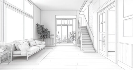 Wireframe rendering of a modern living room with stairs and large windows.