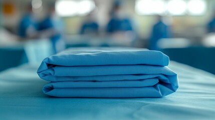 Neatly folded light blue surgical sheets on a table in an operating room with blurred medical staff in the background.