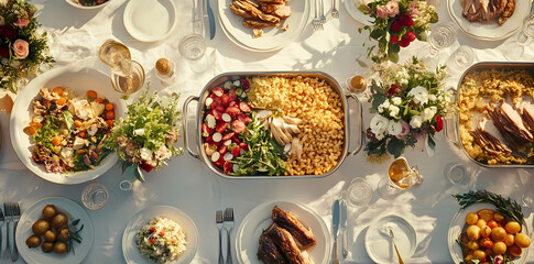 Feast of Abundance: An overhead view of a lavishly set table, laden with a variety of gourmet dishes and exquisite floral arrangements, creating a visual symphony of culinary delight. 