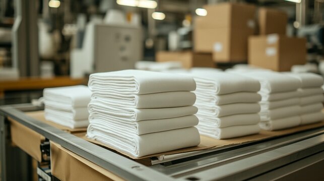 Neat stacks of folded white fabric on a factory table.