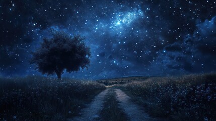 A dark night sky shows stars over a lone tree