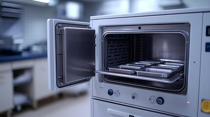Fototapeta premium Open medical sterilizer with metal trays inside a lab.