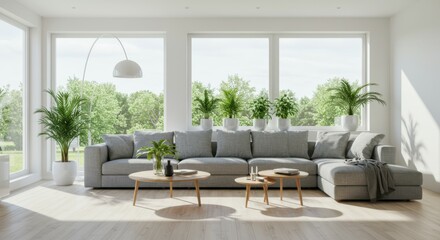 Fototapeta premium Bright modern living room, large windows, natural light, gray sofas, wooden coffee table, potted plants, white walls, minimalist decor, cozy interior, Scandinavian style, open space, hardwood floors, 