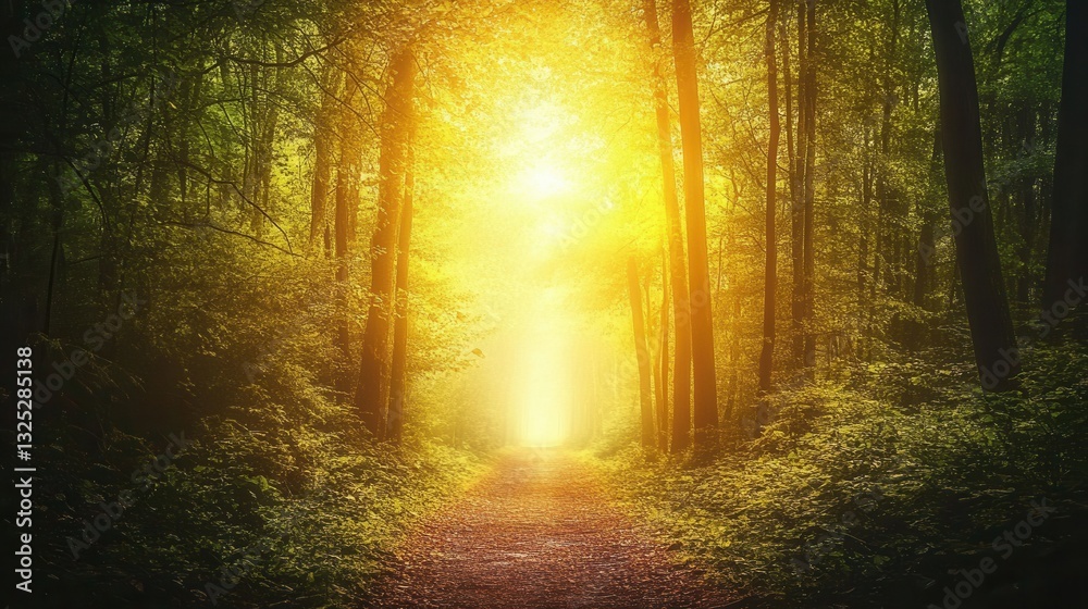 Aufkleber Forest path inviting exploration with sunlight filtering through tall trees in a tranquil, lush environment